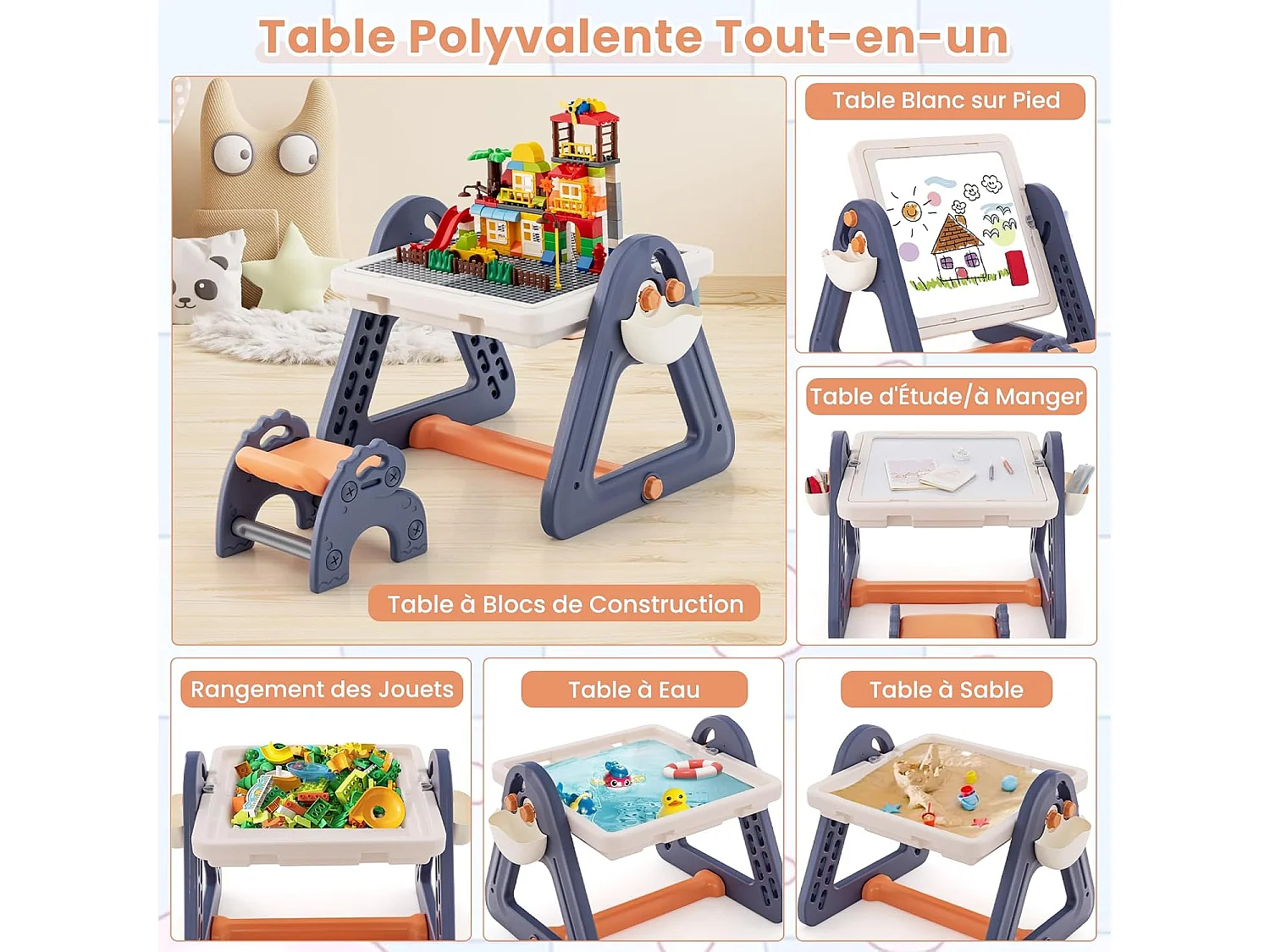 6 en 1 table enfant avec chaise et plateau double face & rotatif, charge 75kg