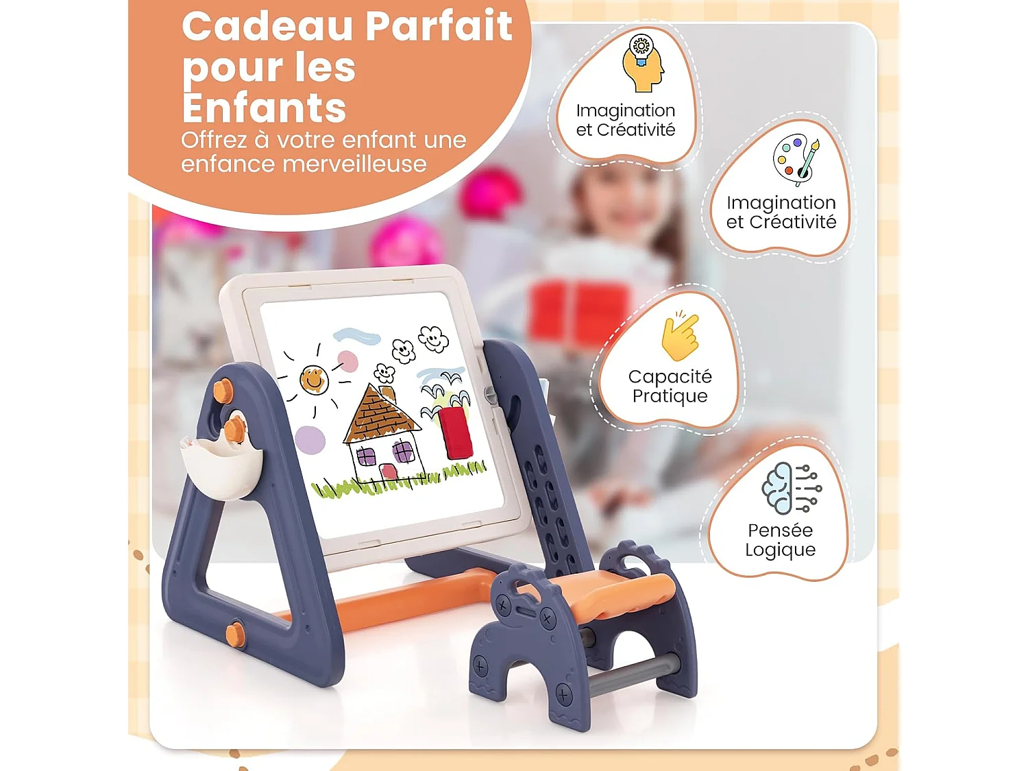 6 en 1 table enfant avec chaise et plateau double face & rotatif, charge 75kg