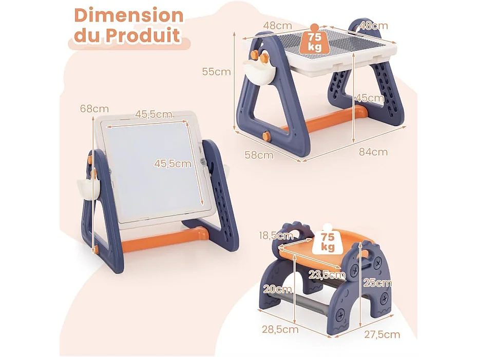 6 en 1 table enfant avec chaise et plateau double face & rotatif, charge 75kg