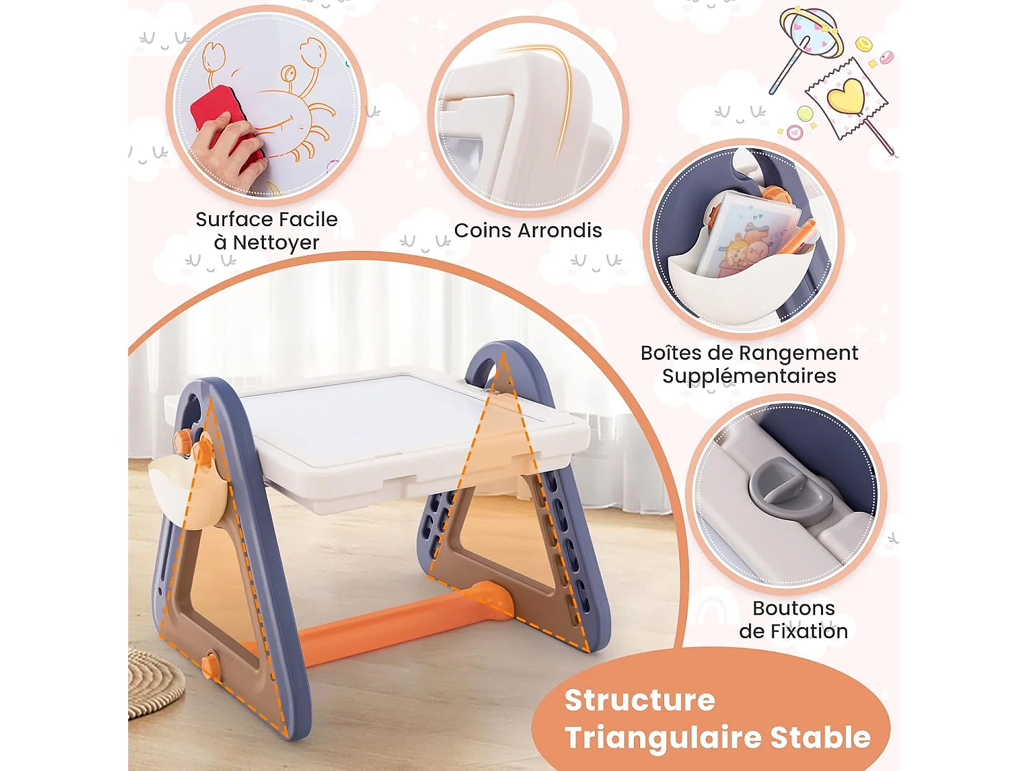 6 en 1 table enfant avec chaise et plateau double face & rotatif, charge 75kg