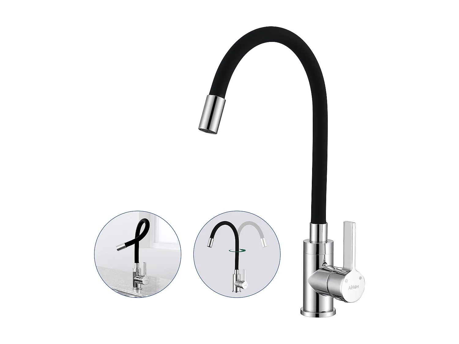 Robinet de Cuisine Mémoire de Forme Mitigeur d'évier Courbe en Silicone Noir Mitigeur Cuisine Flexion Arbitraire Pivotant 360° - AiHom