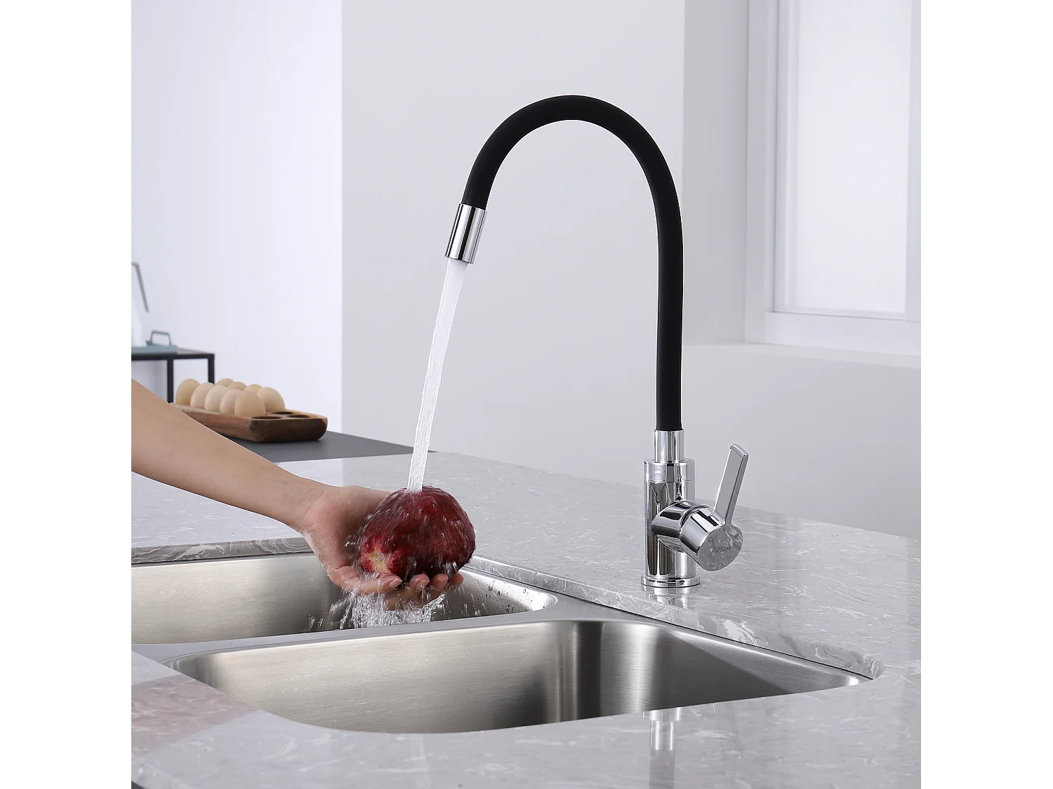 Robinet de Cuisine Mémoire de Forme Mitigeur d'évier Courbe en Silicone Noir Mitigeur Cuisine Flexion Arbitraire Pivotant 360° - AiHom