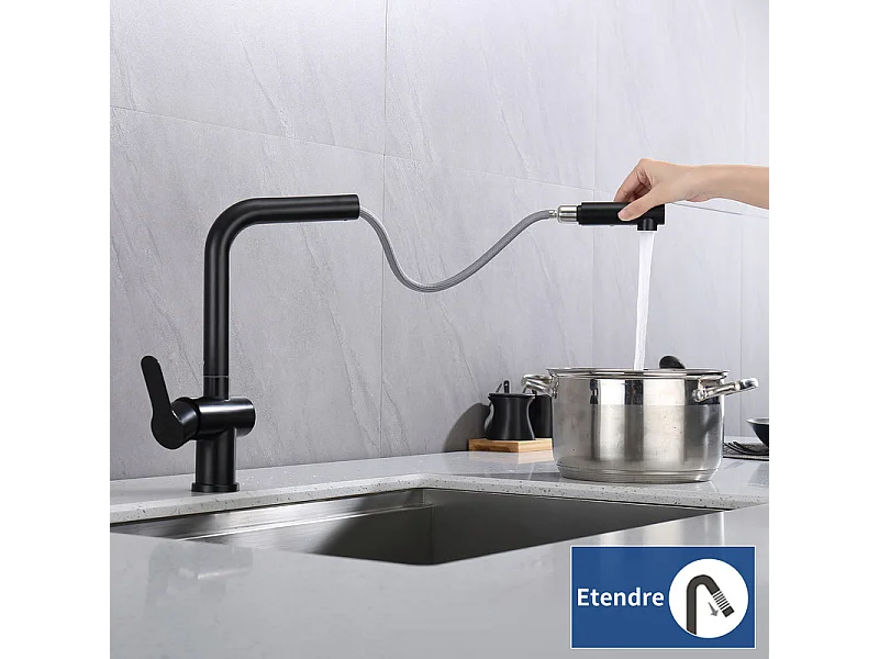 Mitigeur Cuisine Noir avec Douchette Extractible, Robinet Douchette d'évier Extractible Pivotant à 360°, Mitigeur Monocommande pour évier de Cuisine