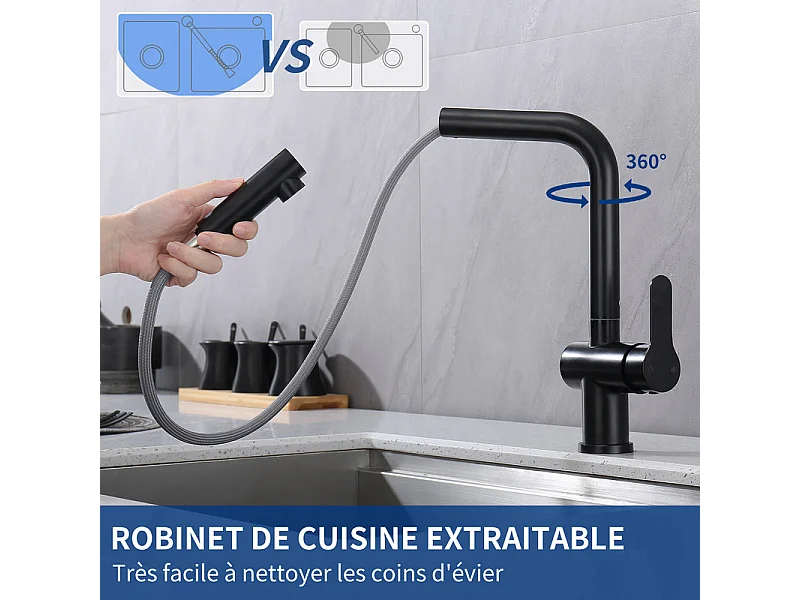 Mitigeur Cuisine Noir avec Douchette Extractible, Robinet Douchette d'évier Extractible Pivotant à 360°, Mitigeur Monocommande pour évier de Cuisine