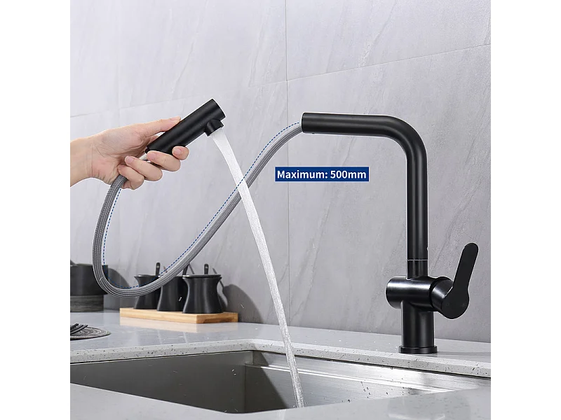 Mitigeur Cuisine Noir avec Douchette Extractible, Robinet Douchette d'évier Extractible Pivotant à 360°, Mitigeur Monocommande pour évier de Cuisine