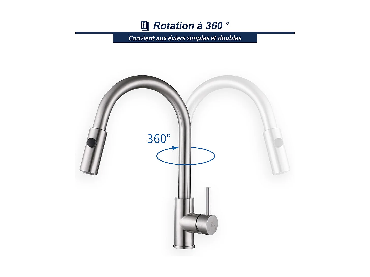 Robinet de Cuisine avec Douchette Extractible Mitigeur d'évier Bec Rotatif 360° Robinet en Acier Nickel Brossé Mitigeur de Cuisine- HOMELODY