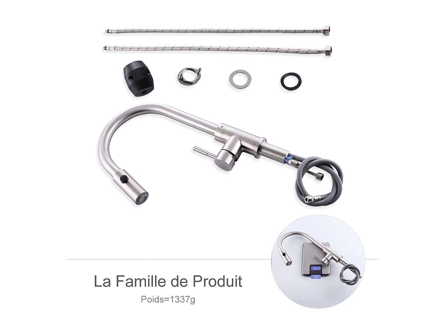 Robinet de Cuisine avec Douchette Extractible Mitigeur d'évier Bec Rotatif 360° Robinet en Acier Nickel Brossé Mitigeur de Cuisine- HOMELODY