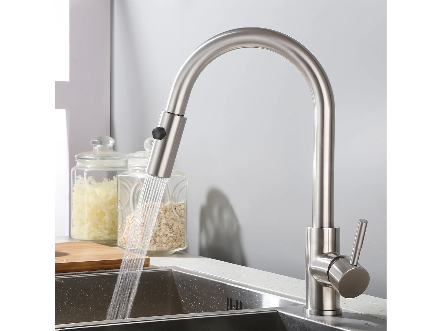 Robinet de Cuisine avec Douchette Extractible Mitigeur d'évier Bec Rotatif 360° Robinet en Acier Nickel Brossé Mitigeur de Cuisine- HOMELODY