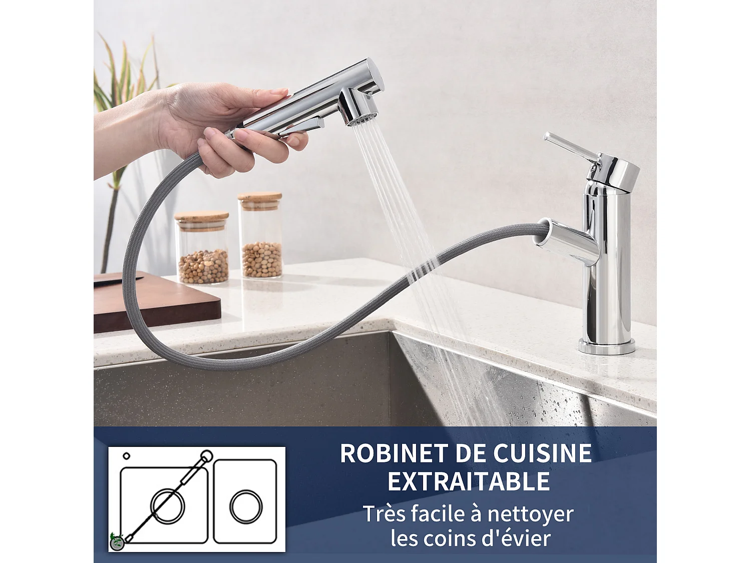 Robinet de Cuisine avec Douchette Extractible 2 Jets au Choix Mitigeur Cuisine d'évier Chromé Laiton - Homelody