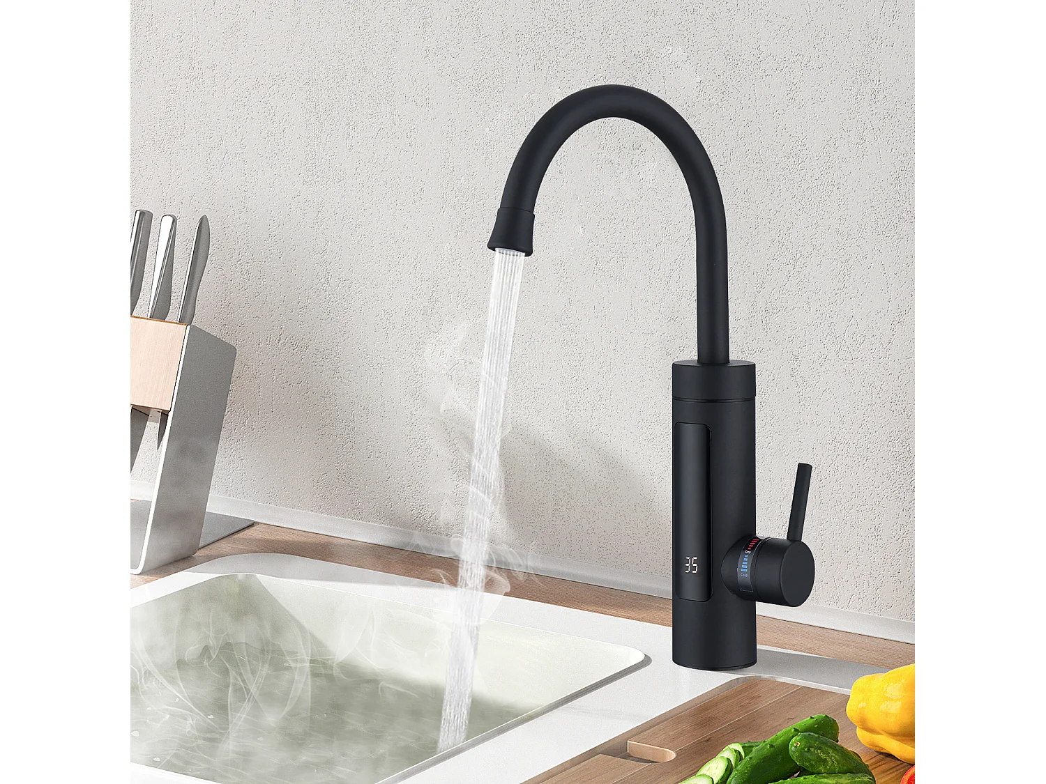 Robinet de Cuisine Électrique 3kW pour Lavabo ou Évier Robinet LED avec Chauffe-eau Instantané Mitigeur Noir Rotatif 360°