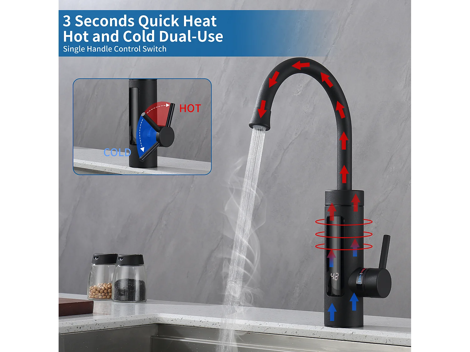 Robinet de Cuisine Électrique 3kW pour Lavabo ou Évier Robinet LED avec Chauffe-eau Instantané Mitigeur Noir Rotatif 360°