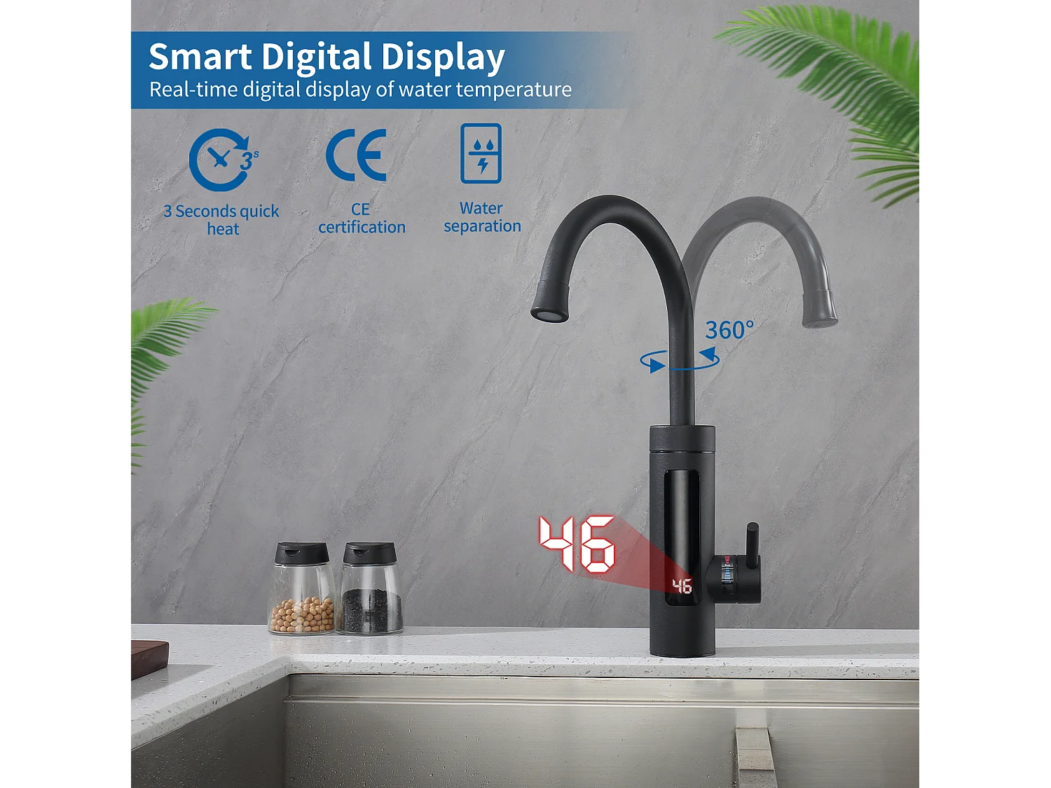 Robinet de Cuisine Électrique 3kW pour Lavabo ou Évier Robinet LED avec Chauffe-eau Instantané Mitigeur Noir Rotatif 360°