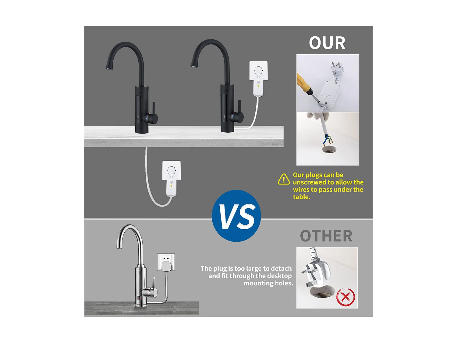 Robinet de Cuisine Électrique 3kW pour Lavabo ou Évier Robinet LED avec Chauffe-eau Instantané Mitigeur Noir Rotatif 360°