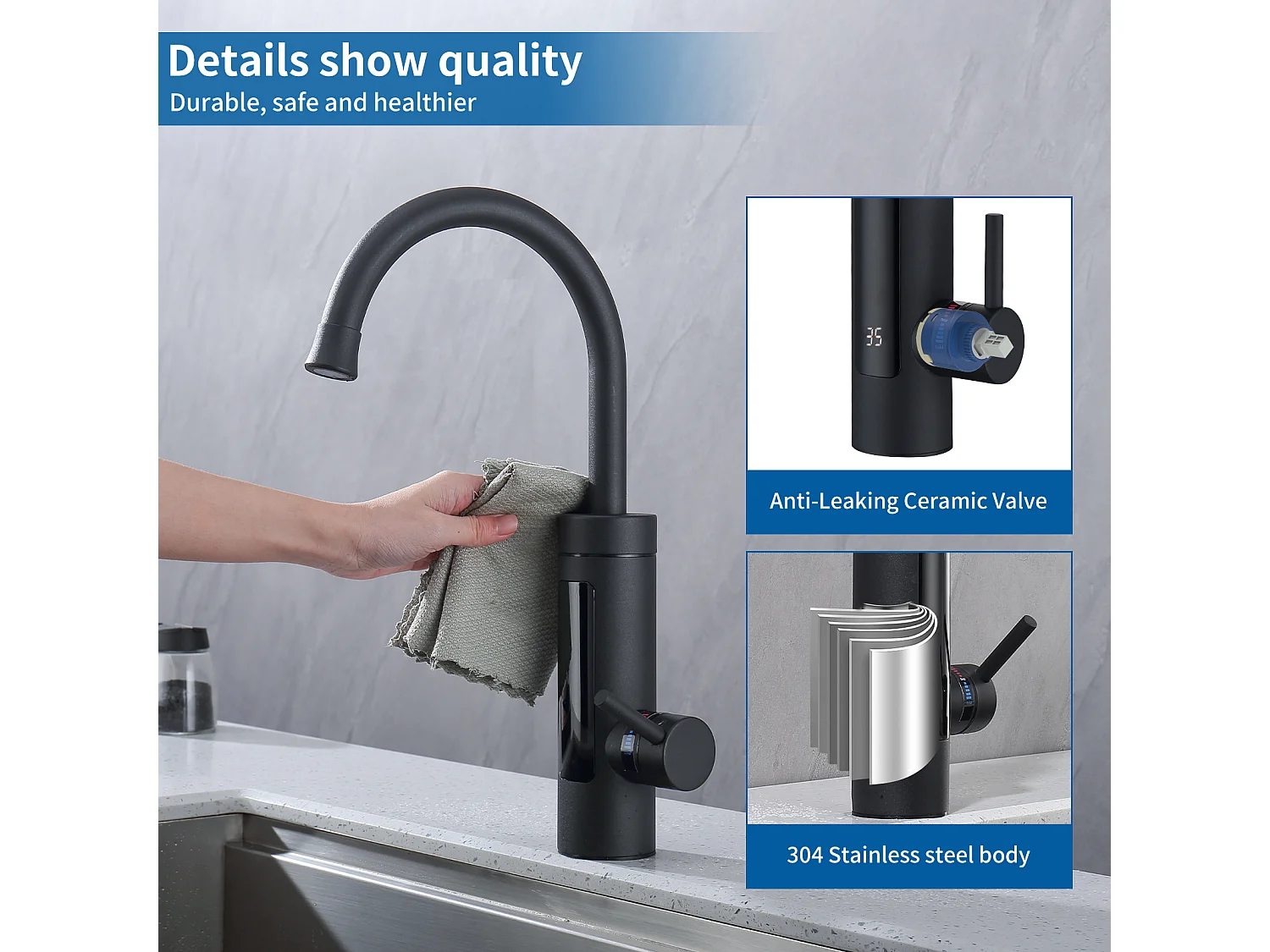 Robinet de Cuisine Électrique 3kW pour Lavabo ou Évier Robinet LED avec Chauffe-eau Instantané Mitigeur Noir Rotatif 360°