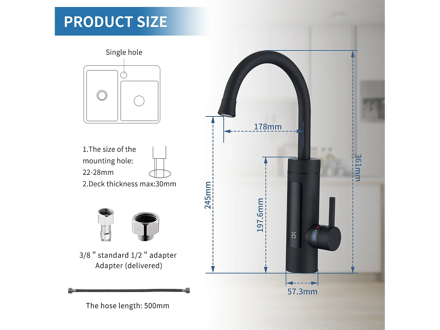 Robinet de Cuisine Électrique 3kW pour Lavabo ou Évier Robinet LED avec Chauffe-eau Instantané Mitigeur Noir Rotatif 360°