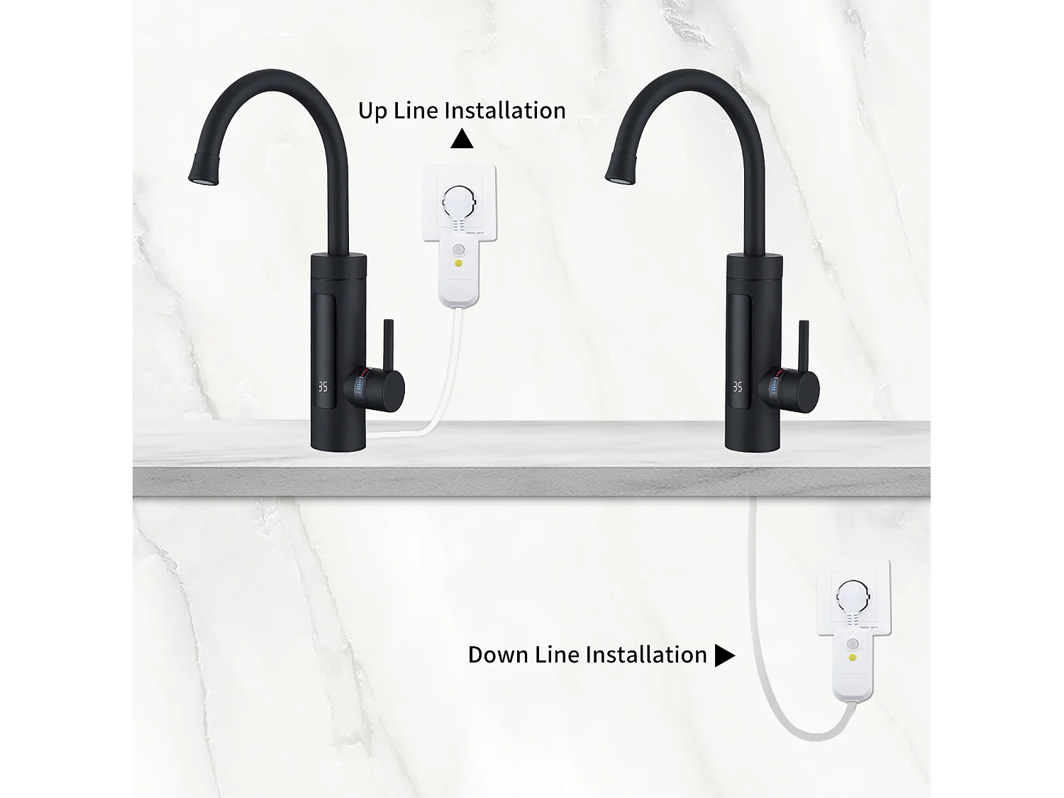 Robinet de Cuisine Électrique 3kW pour Lavabo ou Évier Robinet LED avec Chauffe-eau Instantané Mitigeur Noir Rotatif 360°