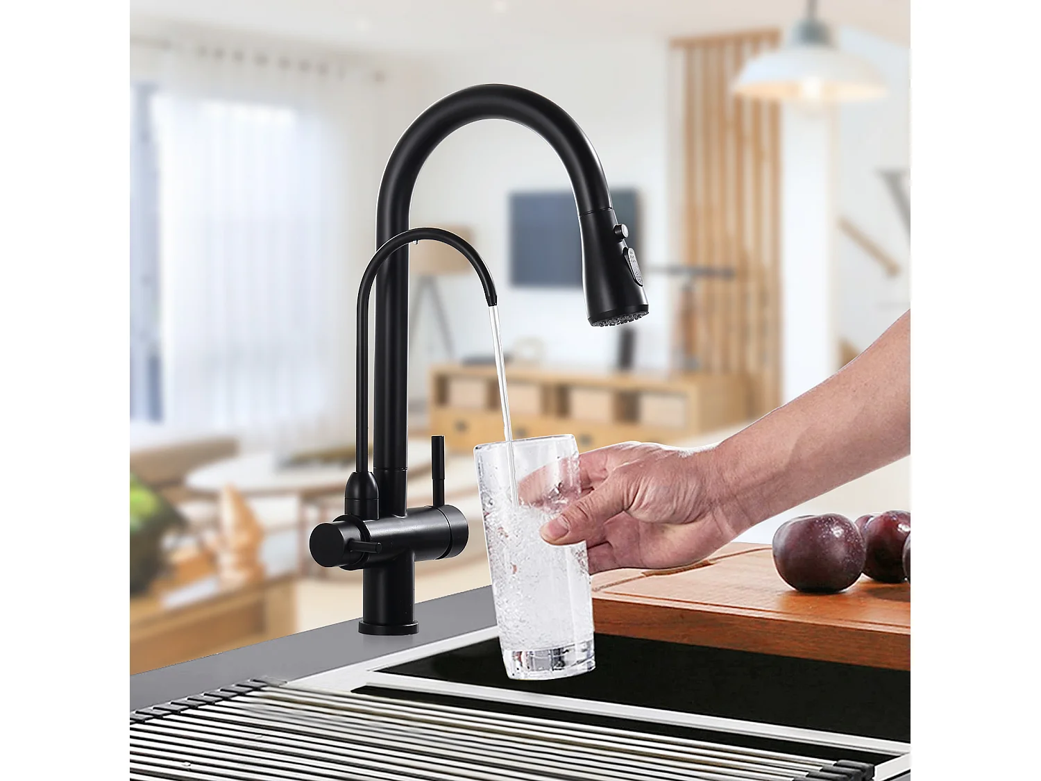 Robinet de Cuisine à 3 Voies Mitigeur de Cuisine Noir avec Douchette Extractible Mitigeur Evier Cuisine Eau Potable