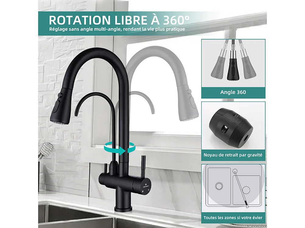 Robinet de Cuisine à 3 Voies Mitigeur de Cuisine Noir avec Douchette Extractible Mitigeur Evier Cuisine Eau Potable