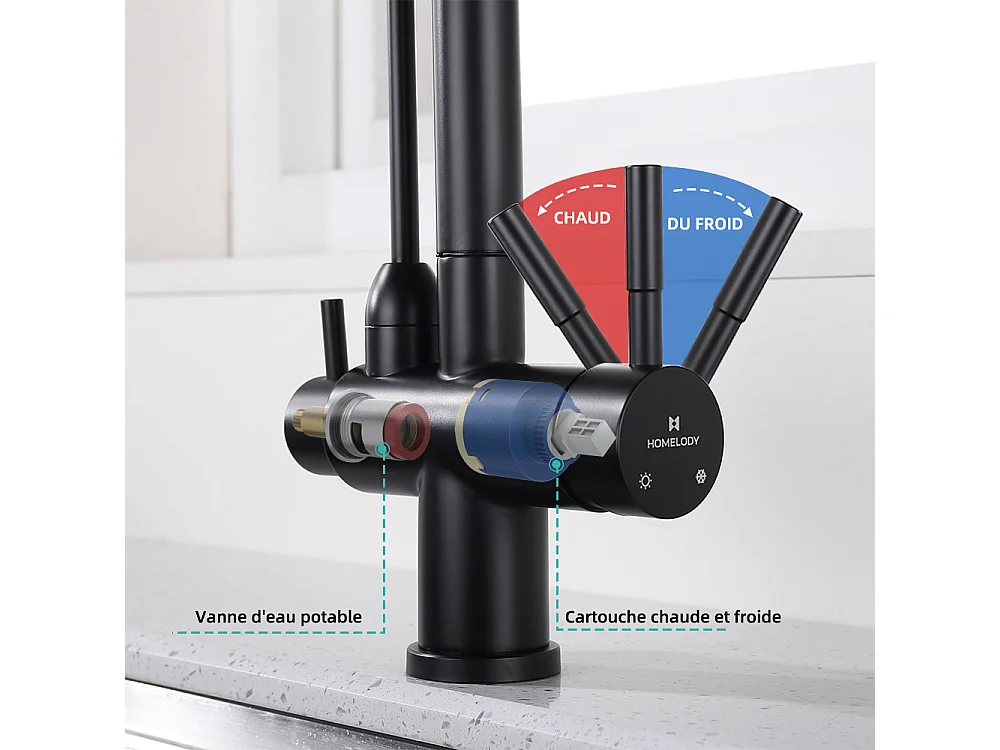 Robinet de Cuisine à 3 Voies Mitigeur de Cuisine Noir avec Douchette Extractible Mitigeur Evier Cuisine Eau Potable