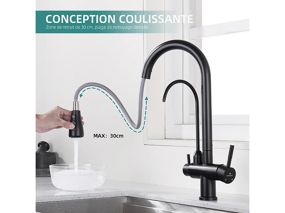 Robinet de Cuisine à 3 Voies Mitigeur de Cuisine Noir avec Douchette Extractible Mitigeur Evier Cuisine Eau Potable