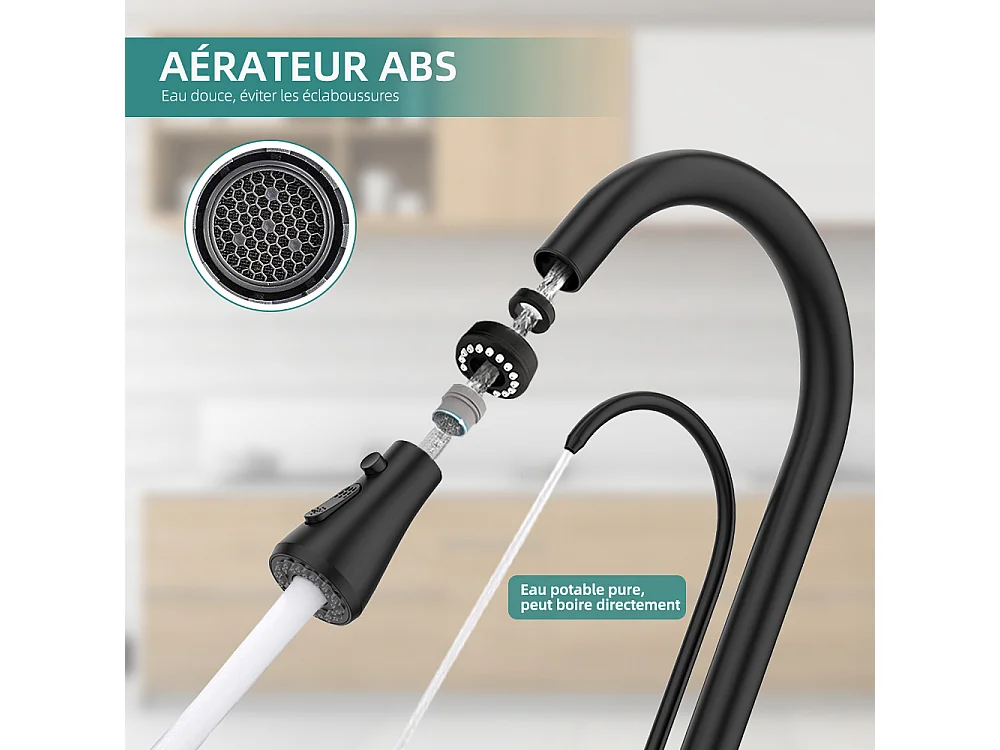 Robinet de Cuisine à 3 Voies Mitigeur de Cuisine Noir avec Douchette Extractible Mitigeur Evier Cuisine Eau Potable