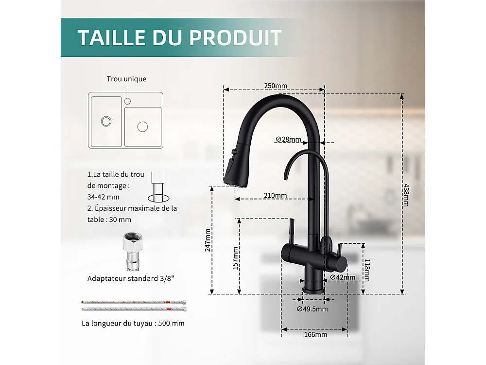 Robinet de Cuisine à 3 Voies Mitigeur de Cuisine Noir avec Douchette Extractible Mitigeur Evier Cuisine Eau Potable
