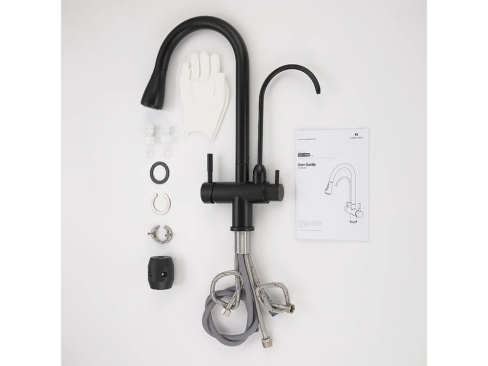 Robinet de Cuisine à 3 Voies Mitigeur de Cuisine Noir avec Douchette Extractible Mitigeur Evier Cuisine Eau Potable