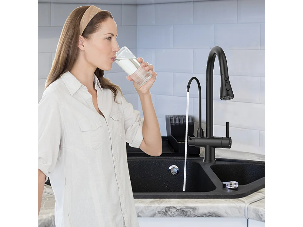 Robinet de Cuisine à 3 Voies Mitigeur de Cuisine Noir avec Douchette Extractible Mitigeur Evier Cuisine Eau Potable