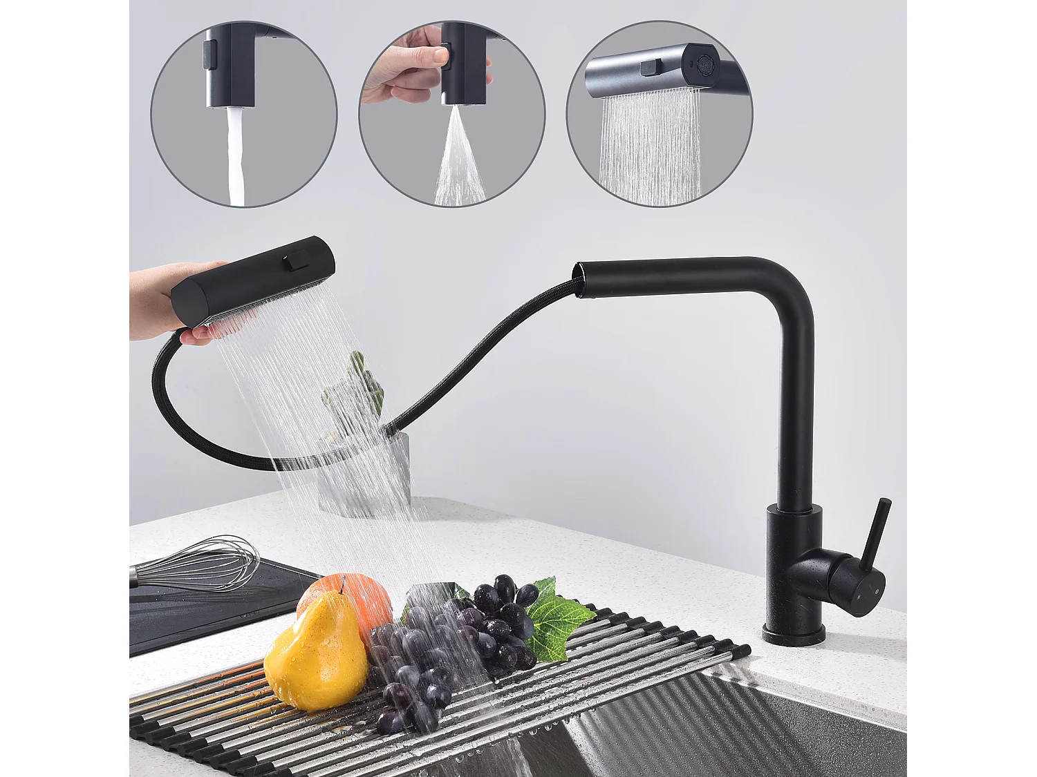 Robinet de Cuisine Noir avec Douchette Extracible Mitigeur d'Évier à 3 Modes de Pulvérisation Robinet de Cuisine Monocommande, Rotatif à 360 °