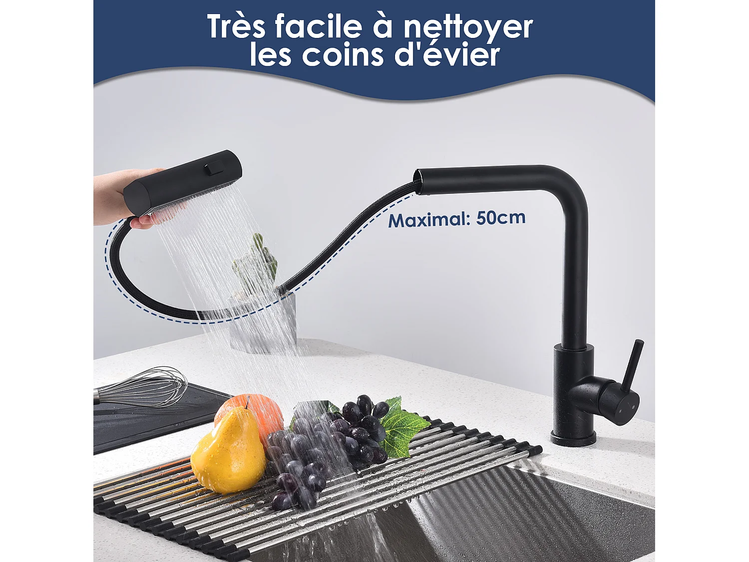 Robinet de Cuisine Noir avec Douchette Extracible Mitigeur d'Évier à 3 Modes de Pulvérisation Robinet de Cuisine Monocommande, Rotatif à 360 °