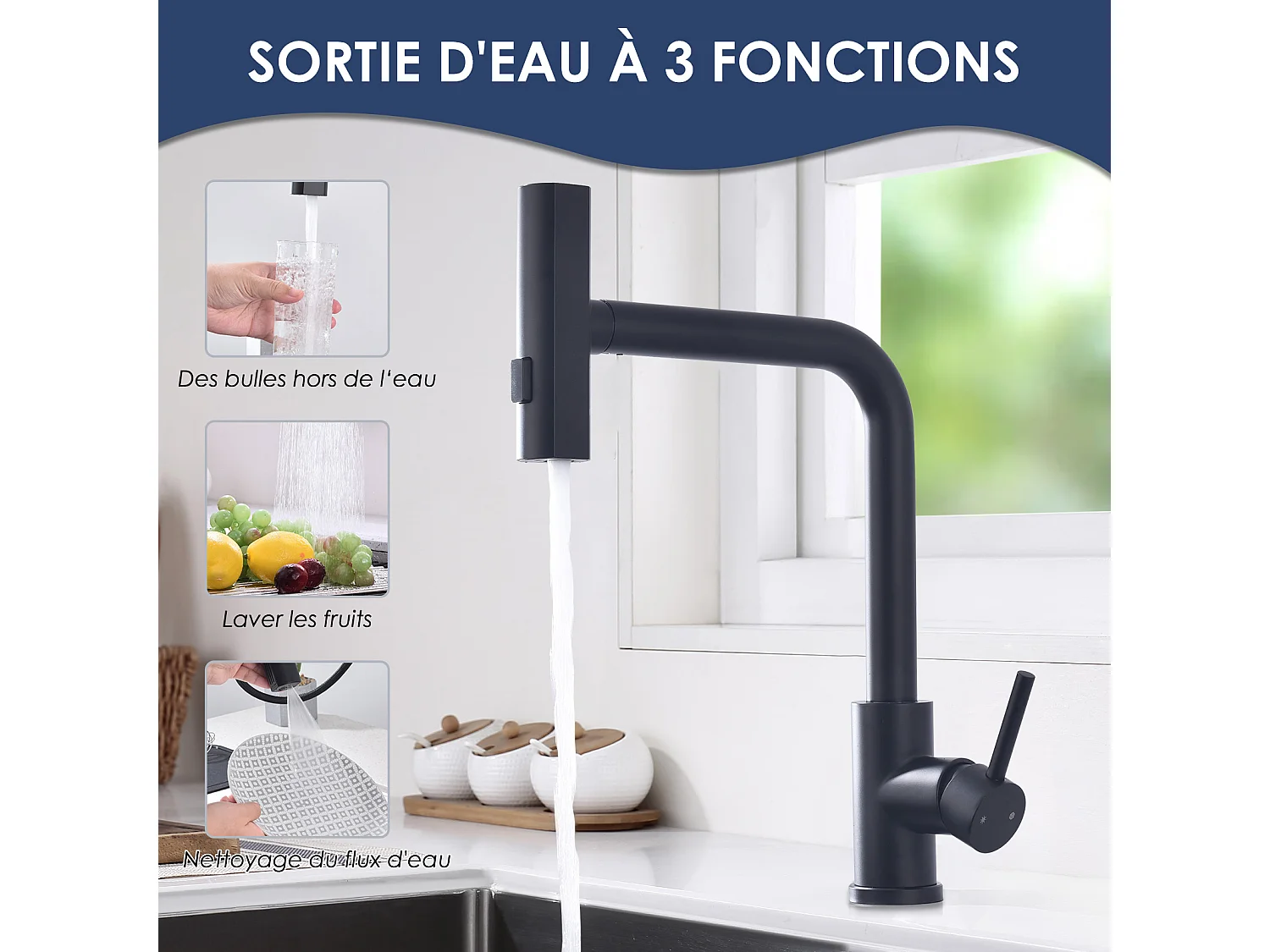 Robinet de Cuisine Noir avec Douchette Extracible Mitigeur d'Évier à 3 Modes de Pulvérisation Robinet de Cuisine Monocommande, Rotatif à 360 °