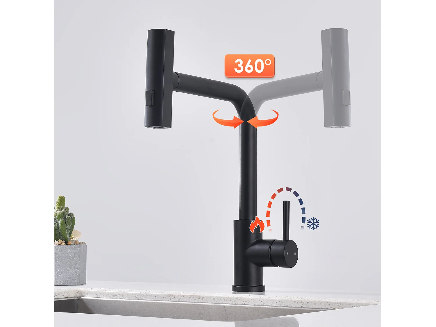 Robinet de Cuisine Noir avec Douchette Extracible Mitigeur d'Évier à 3 Modes de Pulvérisation Robinet de Cuisine Monocommande, Rotatif à 360 °