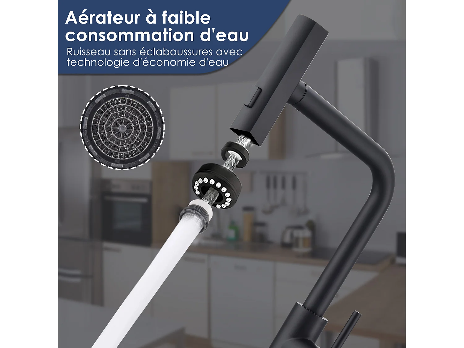 Robinet de Cuisine Noir avec Douchette Extracible Mitigeur d'Évier à 3 Modes de Pulvérisation Robinet de Cuisine Monocommande, Rotatif à 360 °