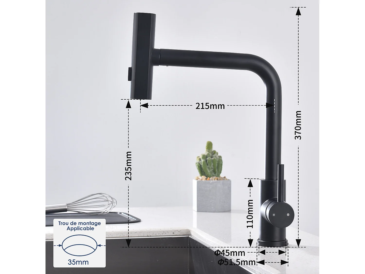 Robinet de Cuisine Noir avec Douchette Extracible Mitigeur d'Évier à 3 Modes de Pulvérisation Robinet de Cuisine Monocommande, Rotatif à 360 °