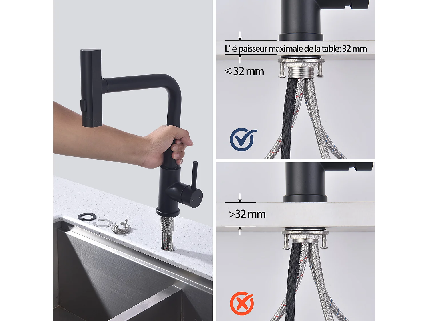 Robinet de Cuisine Noir avec Douchette Extracible Mitigeur d'Évier à 3 Modes de Pulvérisation Robinet de Cuisine Monocommande, Rotatif à 360 °