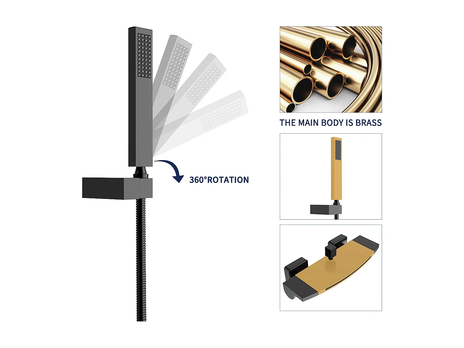 Mitigeur de Baignoire Cascade Robinet de Baignoire Mural avec Douchette à Main et Flexible de douche 1,5M, Laiton Noir Mat