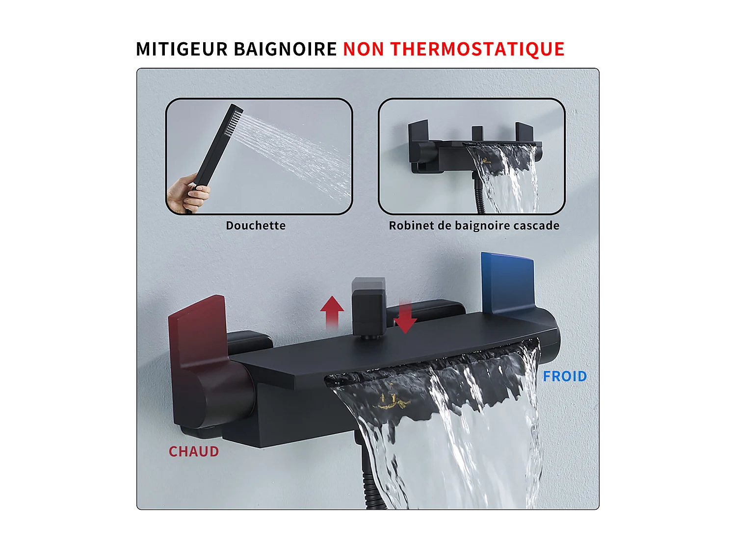 Mitigeur de Baignoire Cascade Robinet de Baignoire Mural avec Douchette à Main et Flexible de douche 1,5M, Laiton Noir Mat