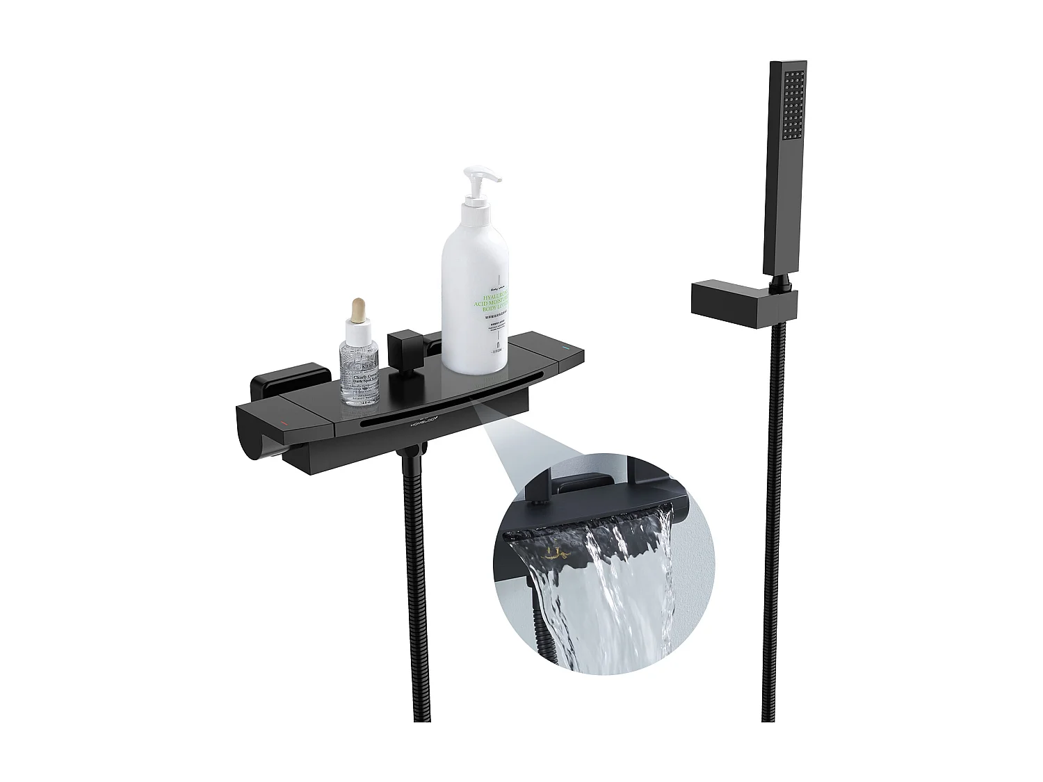Mitigeur de Baignoire Cascade Robinet de Baignoire Mural avec Douchette à Main et Flexible de douche 1,5M, Laiton Noir Mat