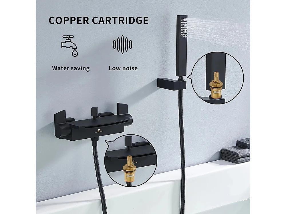 Mitigeur de Baignoire Cascade Robinet de Baignoire Mural avec Douchette à Main et Flexible de douche 1,5M, Laiton Noir Mat