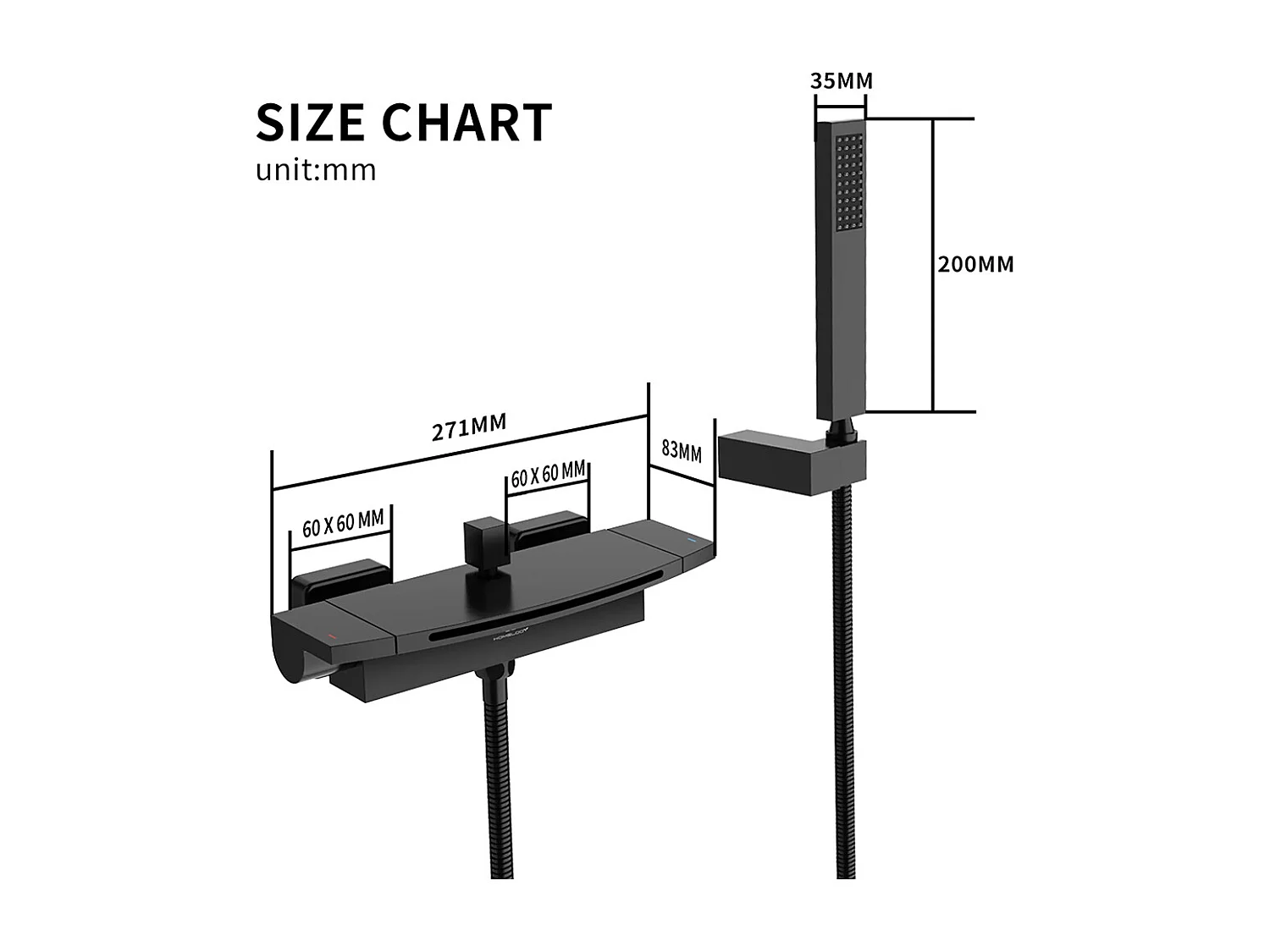 Mitigeur de Baignoire Cascade Robinet de Baignoire Mural avec Douchette à Main et Flexible de douche 1,5M, Laiton Noir Mat