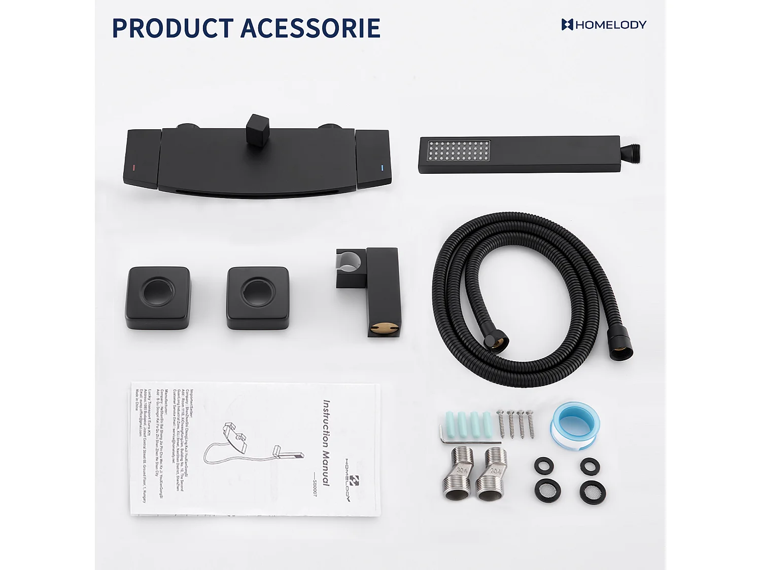 Mitigeur de Baignoire Cascade Robinet de Baignoire Mural avec Douchette à Main et Flexible de douche 1,5M, Laiton Noir Mat