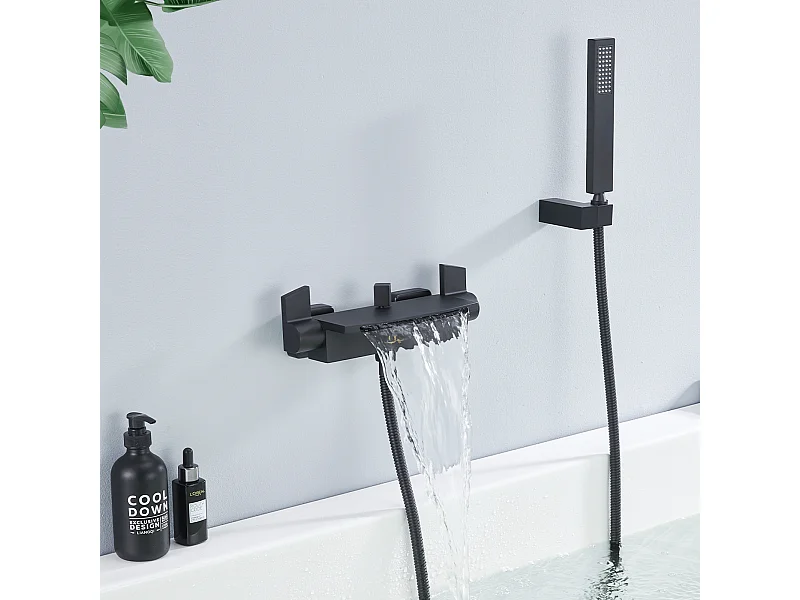 Mitigeur de Baignoire Cascade Robinet de Baignoire Mural avec Douchette à Main et Flexible de douche 1,5M, Laiton Noir Mat