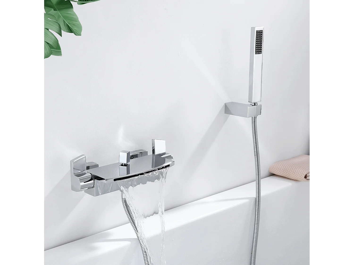 Mitigeur de Baignoire Cascade Robinet de Douche Mural avec Douchette à Mains Laiton Set de douche en Laiton Chromé