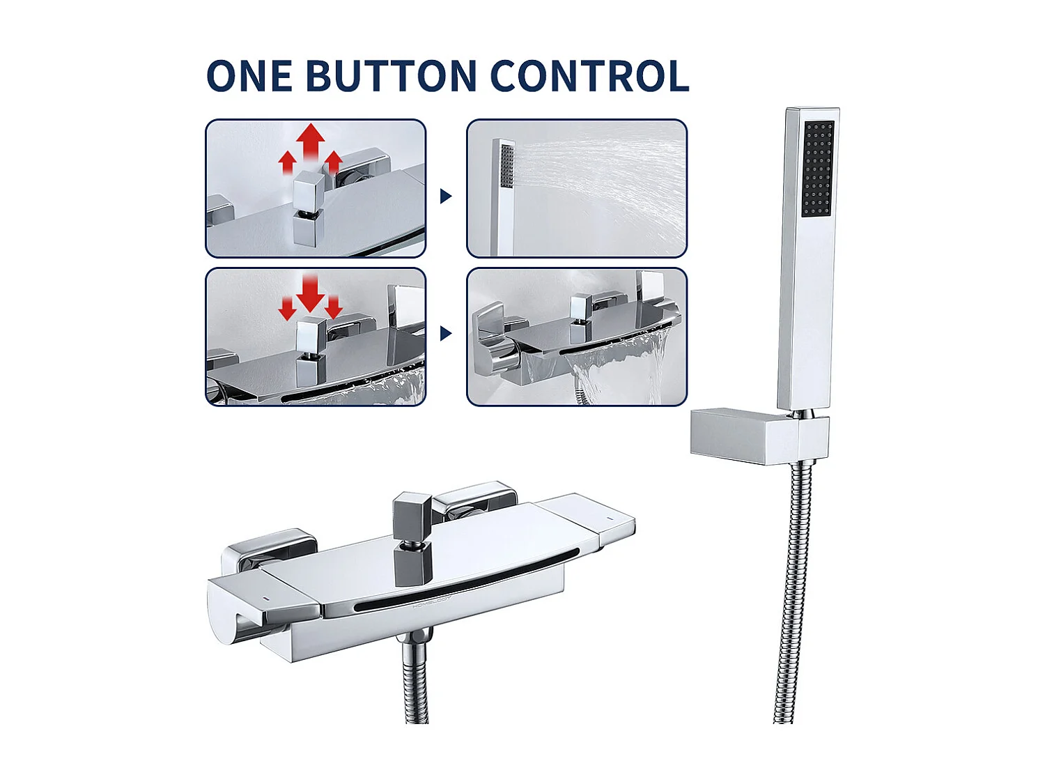 Mitigeur de Baignoire Cascade Robinet de Douche Mural avec Douchette à Mains Laiton Set de douche en Laiton Chromé