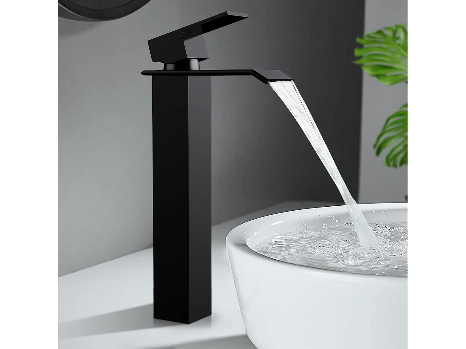 Noir Robinet Salle de Bain Cascade Grand Mitigeur Lavabo en Laiton Robinetterie Lave-mains pour Vaque Salle de Bain Design Moderne