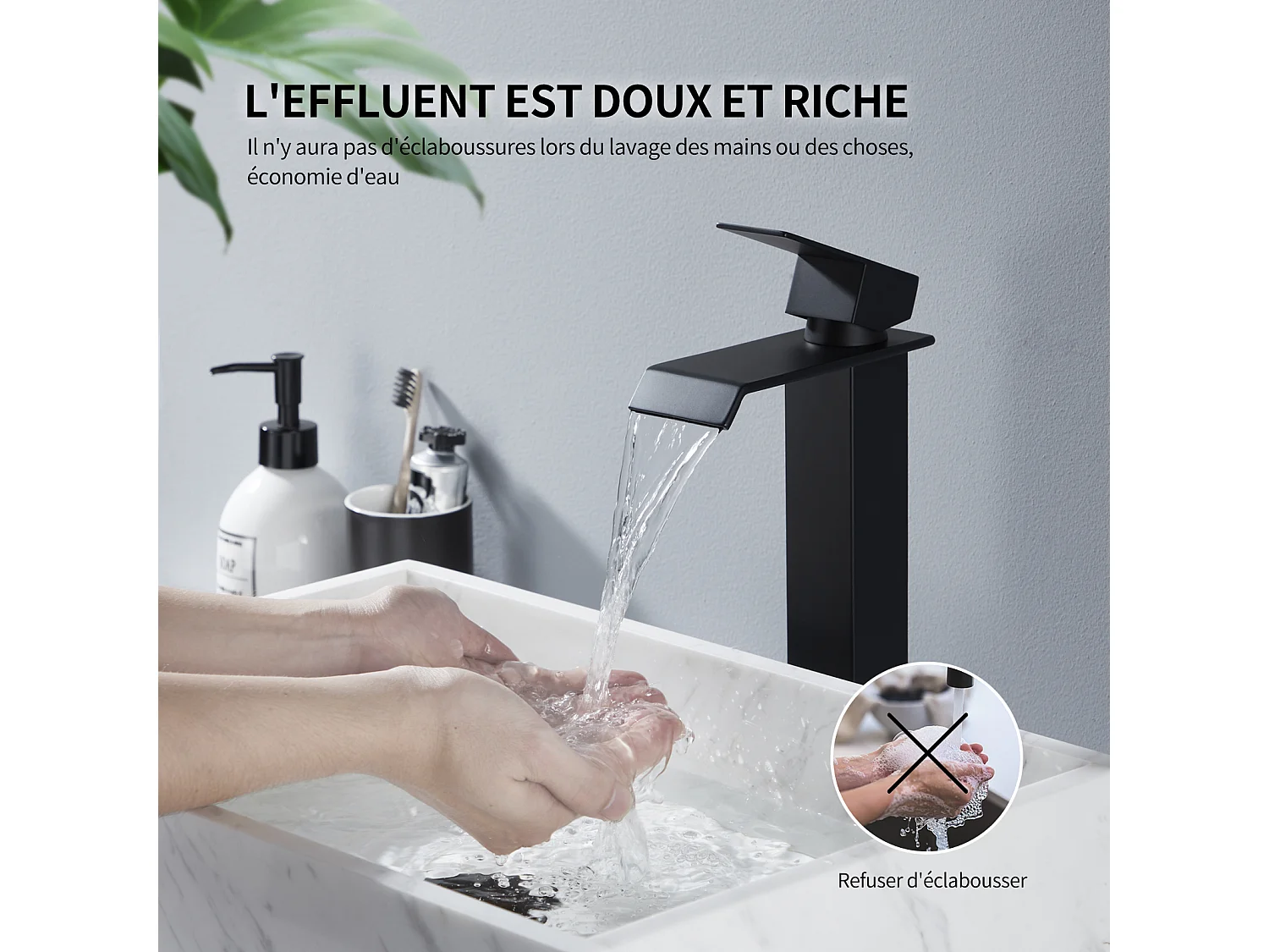 Noir Robinet Salle de Bain Cascade Grand Mitigeur Lavabo en Laiton Robinetterie Lave-mains pour Vaque Salle de Bain Design Moderne
