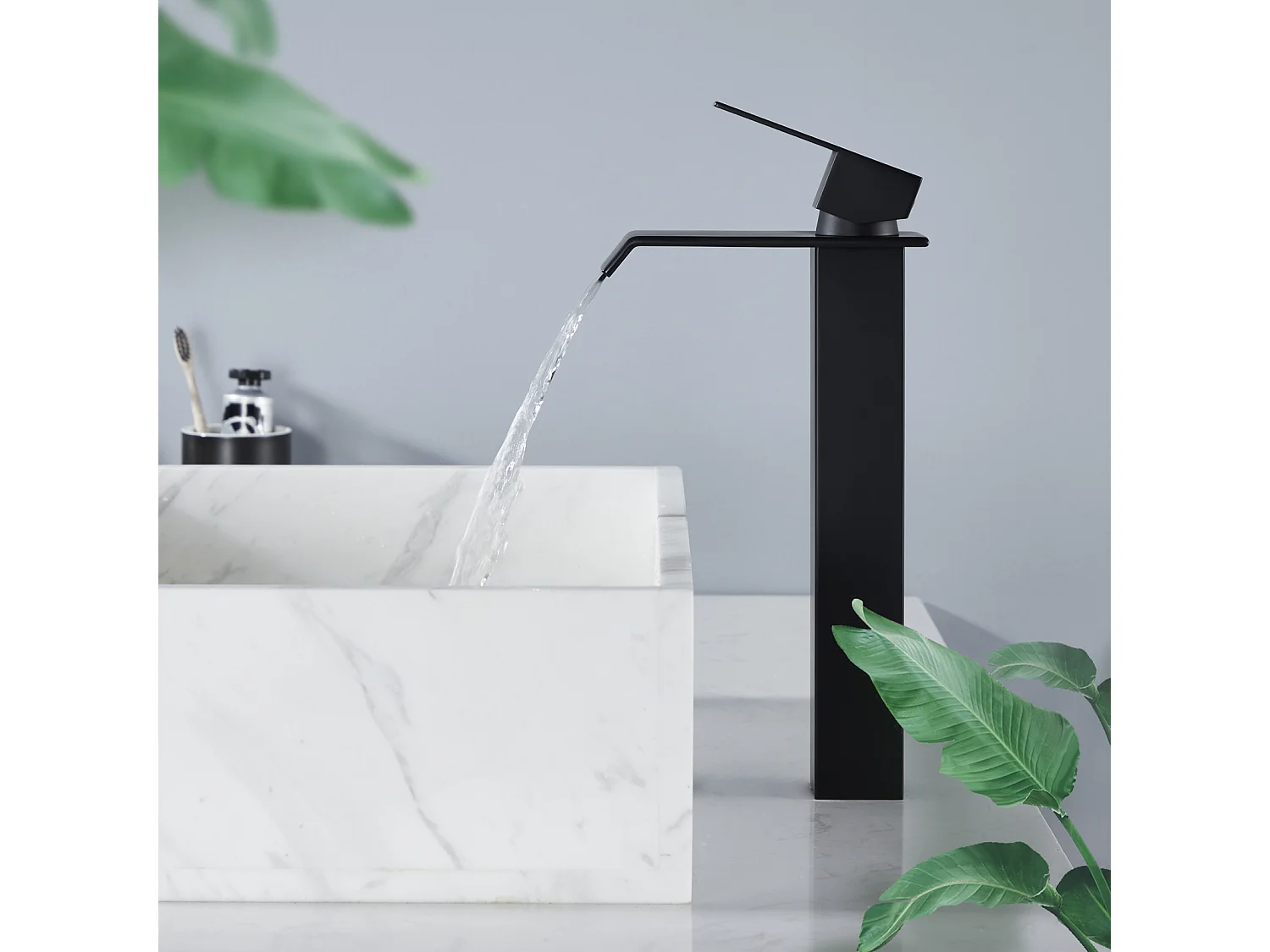 Noir Robinet Salle de Bain Cascade Grand Mitigeur Lavabo en Laiton Robinetterie Lave-mains pour Vaque Salle de Bain Design Moderne