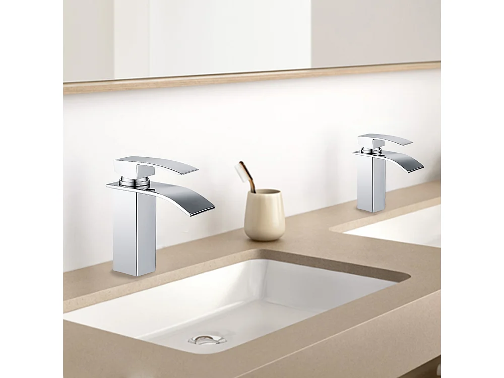 Robinet Salle de Bain Cascade Mitigeur de Lavabo en Laiton Robinet à Deux Voies Chromé