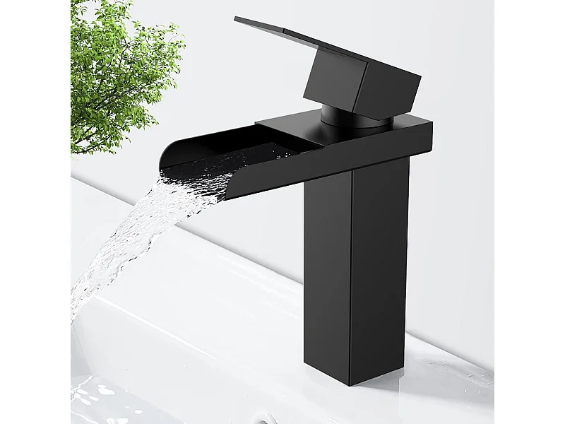 Robinet de Lavabo Cascade Mitigeur de Lavabo Mono-trou Robinetterie Lave-mains Monocommande en Acier Inox Robinet Salle de Bain Noir