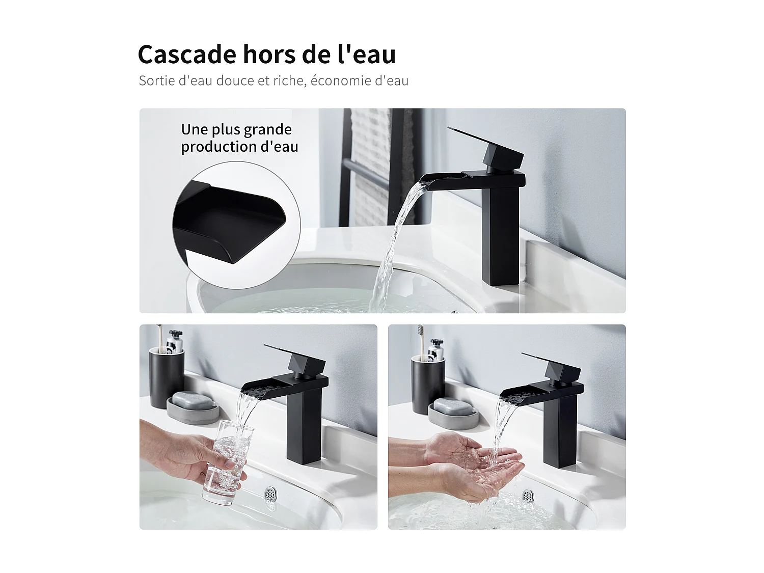 Robinet de Lavabo Cascade Mitigeur de Lavabo Mono-trou Robinetterie Lave-mains Monocommande en Acier Inox Robinet Salle de Bain Noir